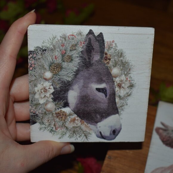 4pc Farmhouse Christmas Winter Holiday Barn Animals Wood Drink Coaster Set - Picture 6 of 10